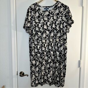 Karen Scott Floral Print Knit T-Shirt Dress Black White Short Sleeve XL